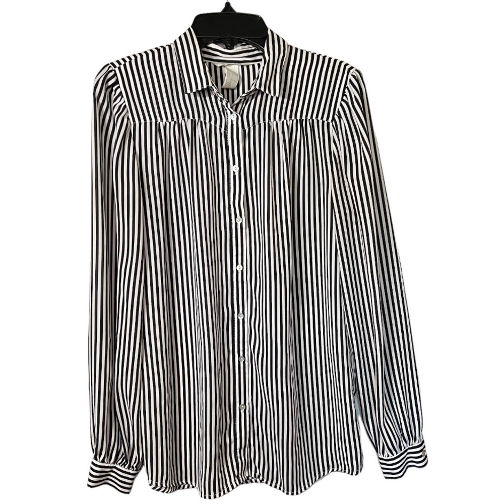 H&M Women’s Sheer Flowy Blouse Button Down Black and White Stripes Size 2
